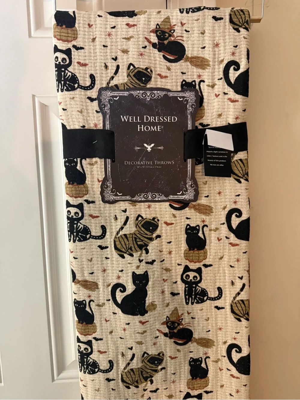 Well Dressed Home Halloween Decorative Throw Blanket with Mummy & Skeleton Cats